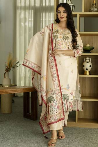 Cream viscose silk beads work desginer suit
