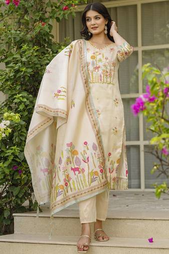 Cream viscose silk beads work desginer suit