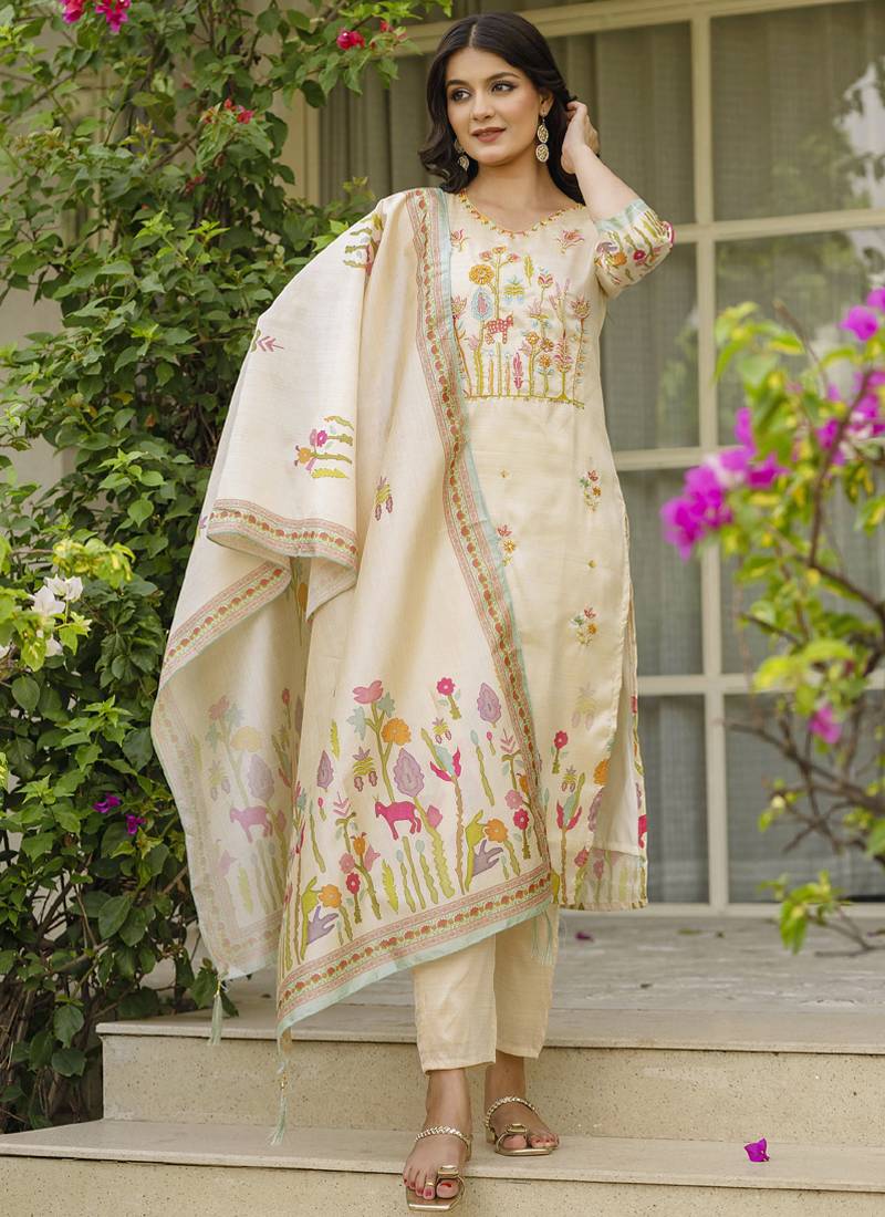 Cream viscose silk beads work desginer suit