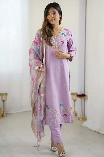 Lavender viscose silk beads work desginer suit