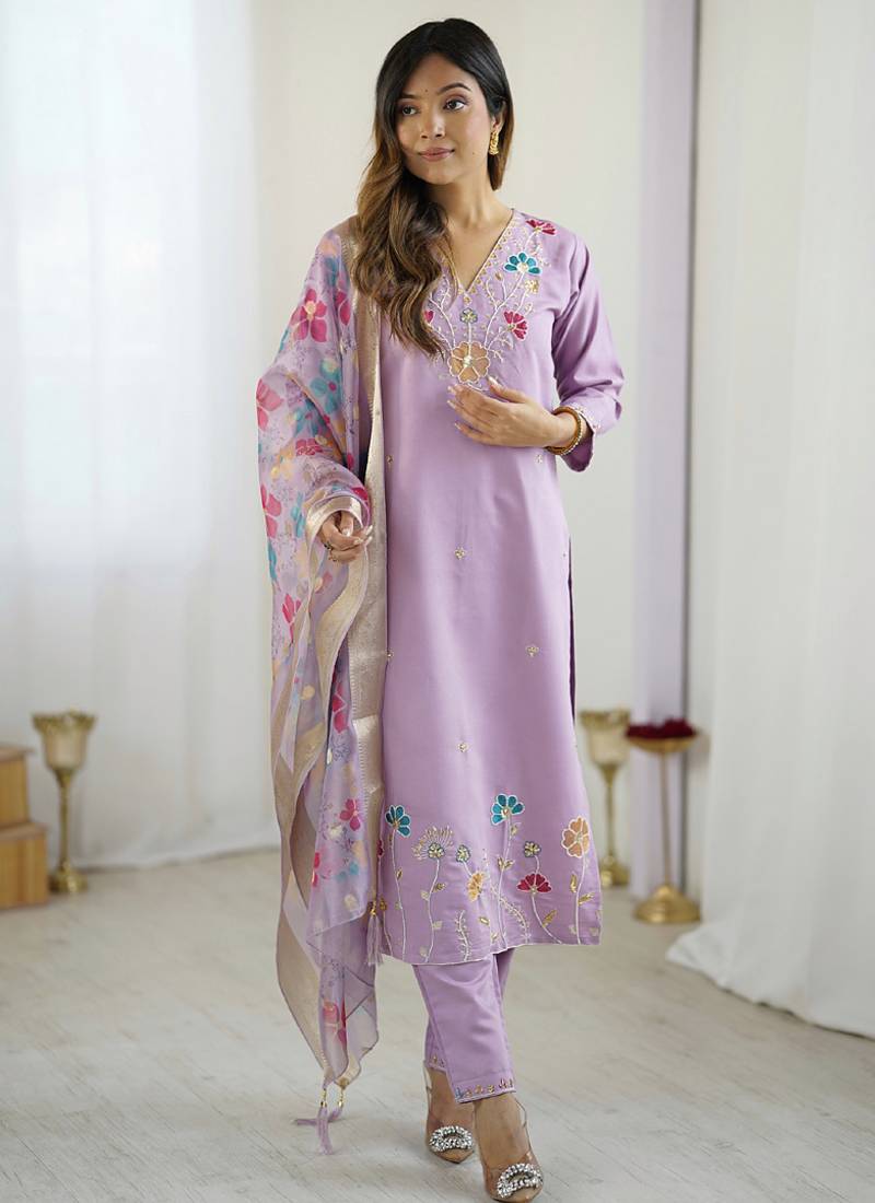 Lavender viscose silk beads work desginer suit