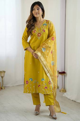Yellow viscose silk beads work desginer suit