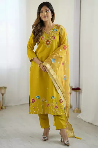 Yellow viscose silk beads work desginer suit