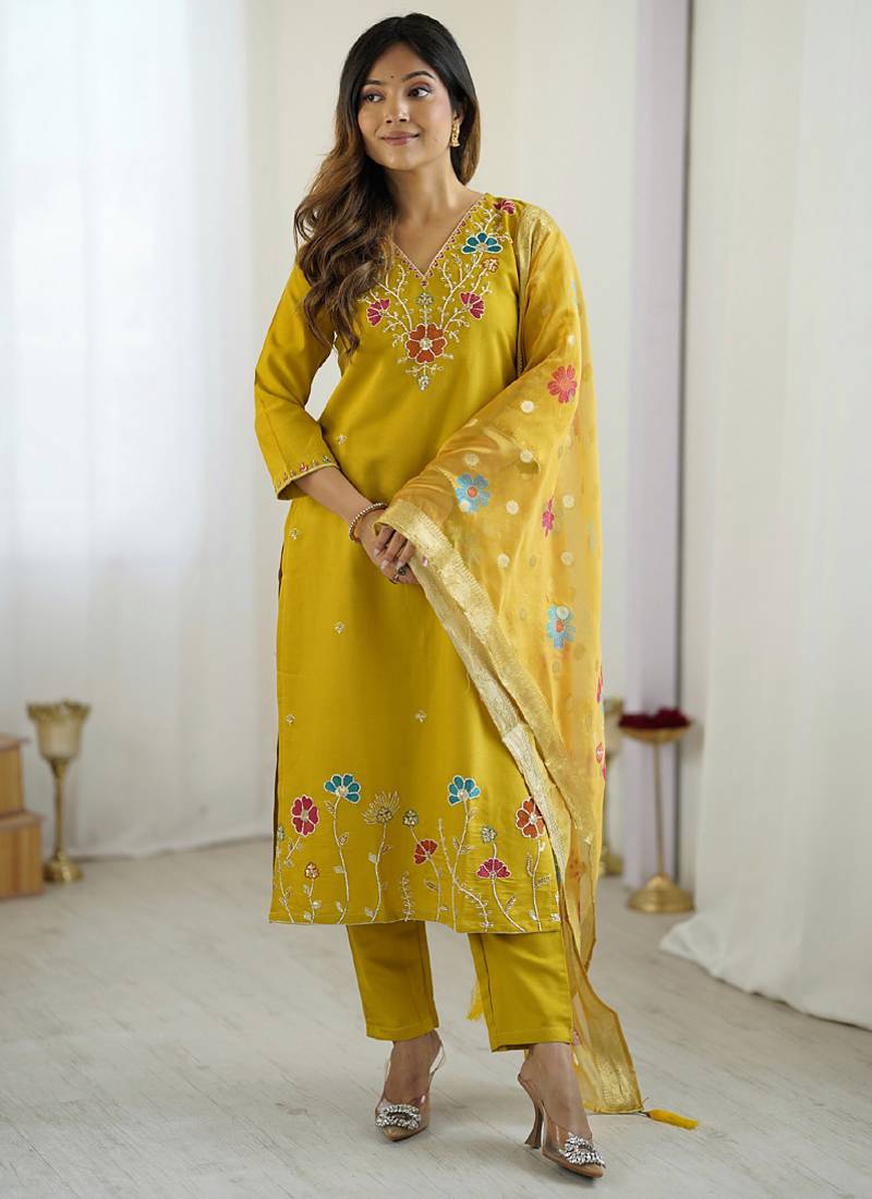 Yellow viscose silk beads work desginer suit