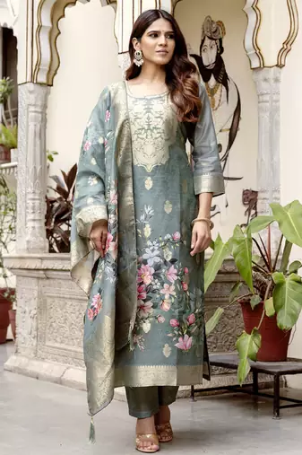 Light grey viscose silk beads work desginer suit