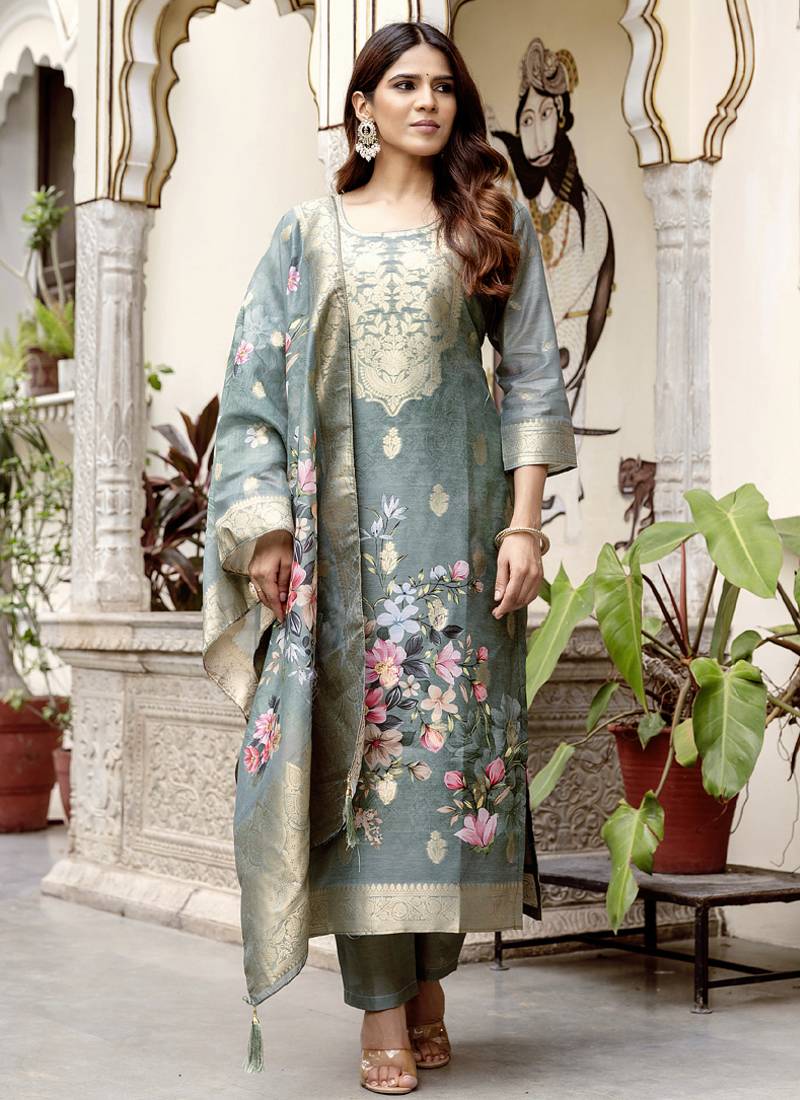 Light grey viscose silk beads work desginer suit