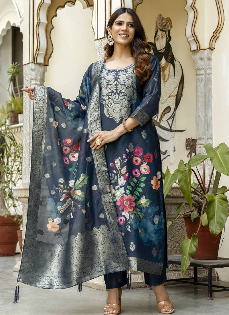 Grey viscose silk beads work desginer suit