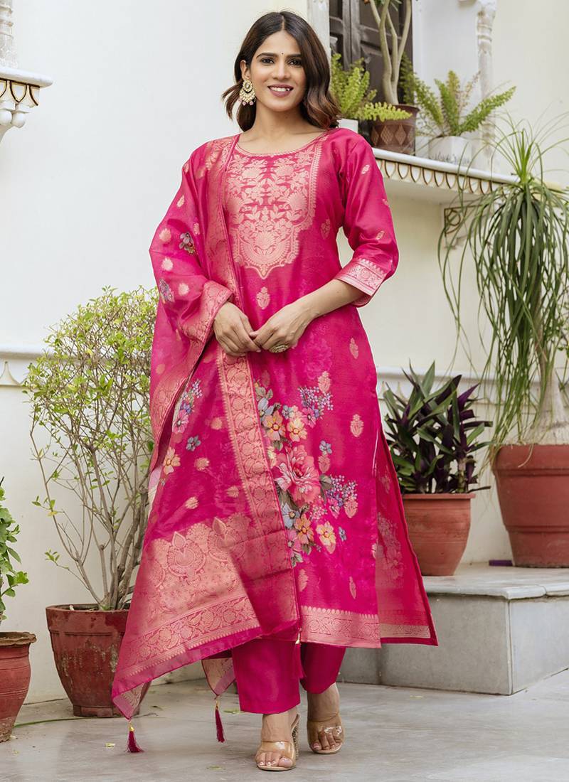 Pink viscose silk beads work desginer suit