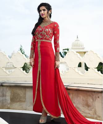 Red Georgette Resham Embroidered anarkali Suit 1