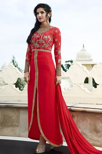 Red Georgette Resham Embroidered anarkali Suit