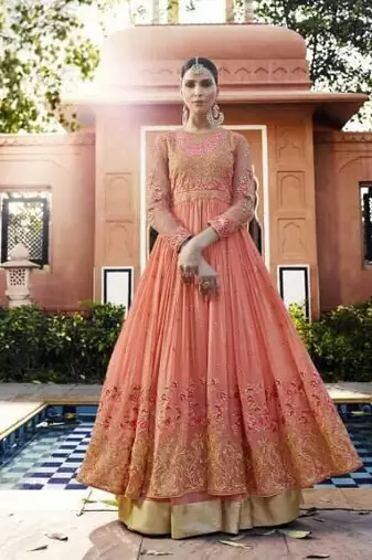 Peach georgette embroidered anarkali Suit