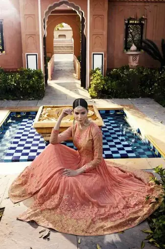 Peach georgette embroidered anarkali Suit
