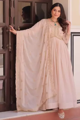 Pink georgette with beads & sequins multi embroidered work