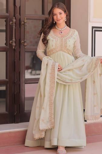 Cream georgette with beads & sequins multi embroidered work