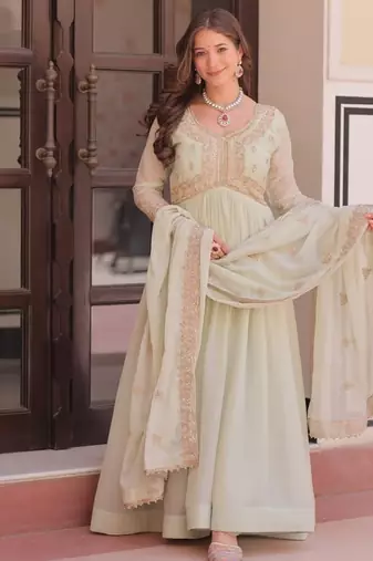 Cream georgette with beads & sequins multi embroidered work