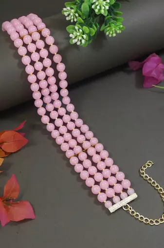 Gold plated pink pearl beaded stylish moti choker necklace for women 