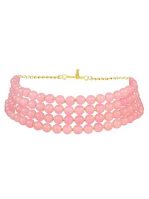Gold plated pink pearl beaded stylish moti choker necklace for women  3