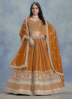 Orange Embroidered Sequins Work Art Silk Lehenga Choli 1