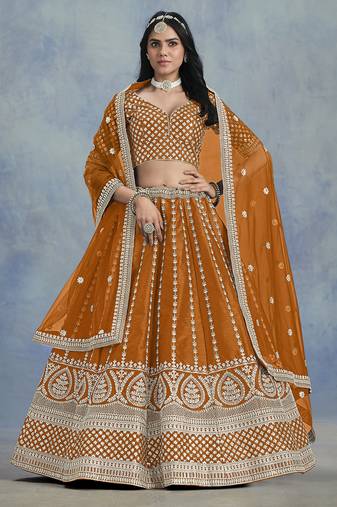 Orange Embroidered Sequins Work Art Silk Lehenga Choli