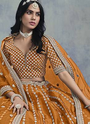 Orange Embroidered Sequins Work Art Silk Lehenga Choli 3
