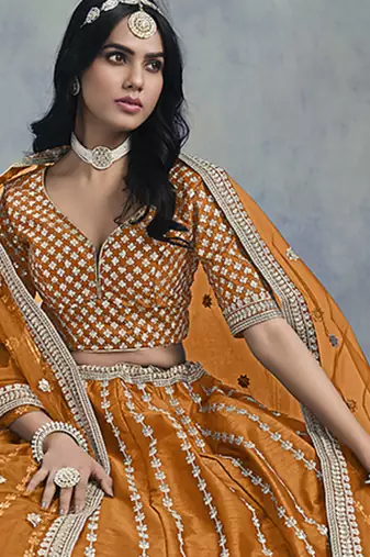 Orange Embroidered Sequins Work Art Silk Lehenga Choli