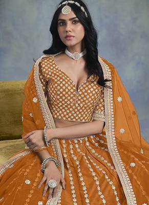 Orange Embroidered Sequins Work Art Silk Lehenga Choli 4