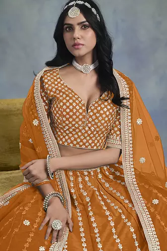 Orange Embroidered Sequins Work Art Silk Lehenga Choli