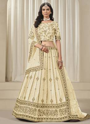 Cream Embroidered Sequins Work Art Silk Lehenga Choli 1