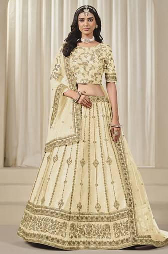 Cream Embroidered Sequins Work Art Silk Lehenga Choli