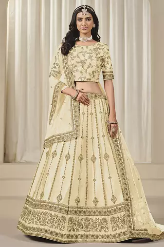 Cream Embroidered Sequins Work Art Silk Lehenga Choli