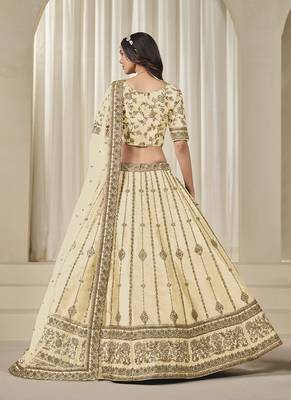 Cream Embroidered Sequins Work Art Silk Lehenga Choli 2