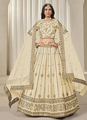 Cream Embroidered Sequins Work Art Silk Lehenga Choli 3