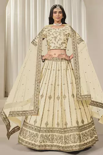 Cream Embroidered Sequins Work Art Silk Lehenga Choli