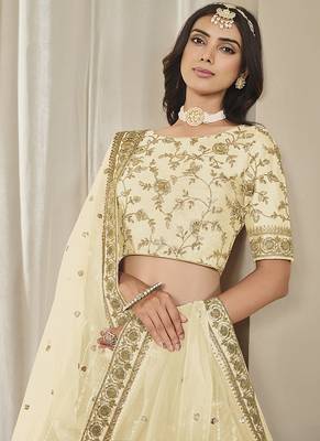 Cream Embroidered Sequins Work Art Silk Lehenga Choli 4