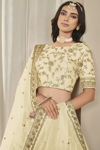 Cream Embroidered Sequins Work Art Silk Lehenga Choli