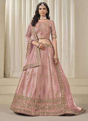 Pink Embroidered Sequins Work Art Silk Lehenga Choli 1