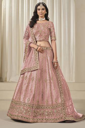 Pink Embroidered Sequins Work Art Silk Lehenga Choli