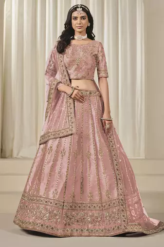 Pink Embroidered Sequins Work Art Silk Lehenga Choli