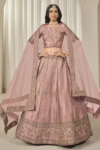 Pink Embroidered Sequins Work Art Silk Lehenga Choli