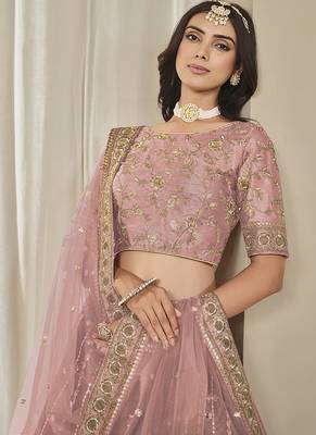 Pink Embroidered Sequins Work Art Silk Lehenga Choli 4