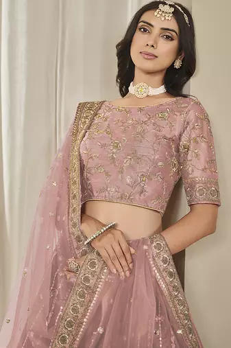 Pink Embroidered Sequins Work Art Silk Lehenga Choli