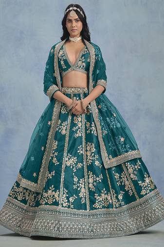 Teal Embroidered Zari Work Art Silk Lehenga Choli