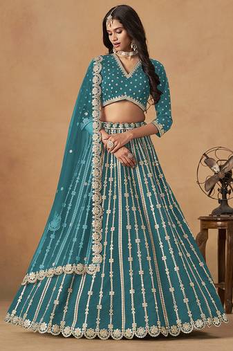 Teal-Blue Embroidered Gota Patti Art Silk Lehenga Choli