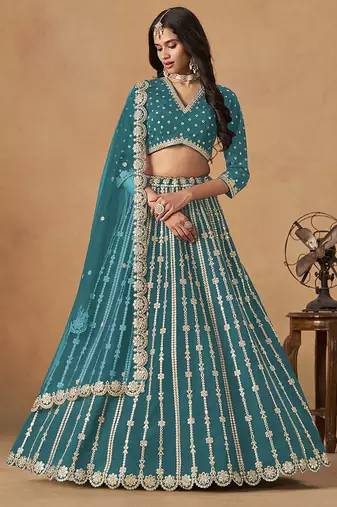 Teal-Blue Embroidered Gota Patti Art Silk Lehenga Choli