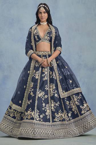 Navy-blue Embroidered Zari Work Art Silk Lehenga Choli