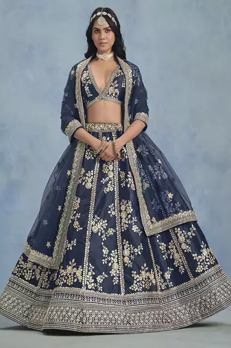 Navy-blue Embroidered Zari Work Art Silk Lehenga Choli