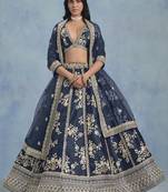Navy-blue Embroidered Zari Work Art Silk Lehenga Choli