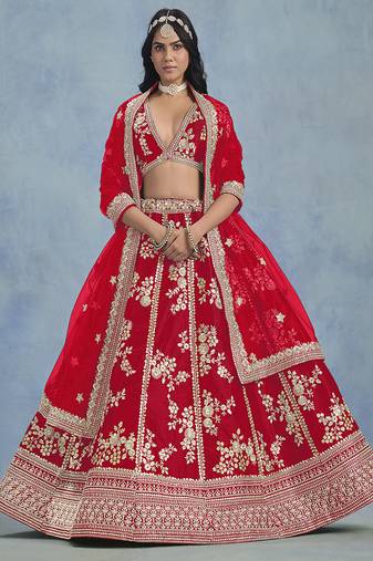 Red Embroidered Zari Work Art Silk Lehenga Choli