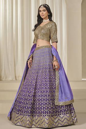 Purple Embroidered Sequins Work Chinon Silk Lehenga Choli