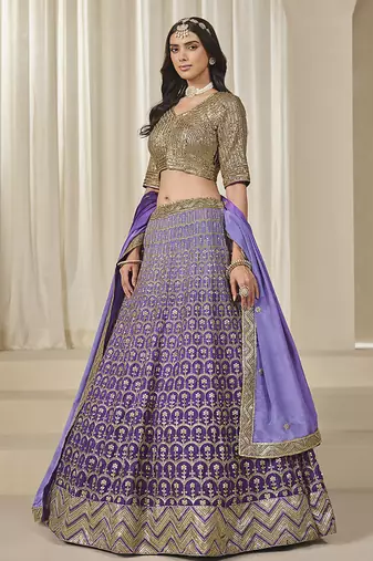 Purple Embroidered Sequins Work Chinon Silk Lehenga Choli